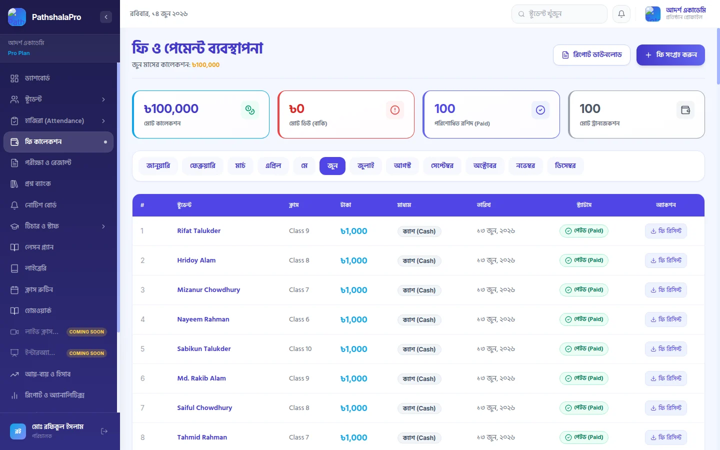 ফি কালেকশন — PathshalaPro ড্যাশবোর্ড